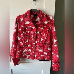Rafaella floral print jacket size large pink black white pockets 100% cotton